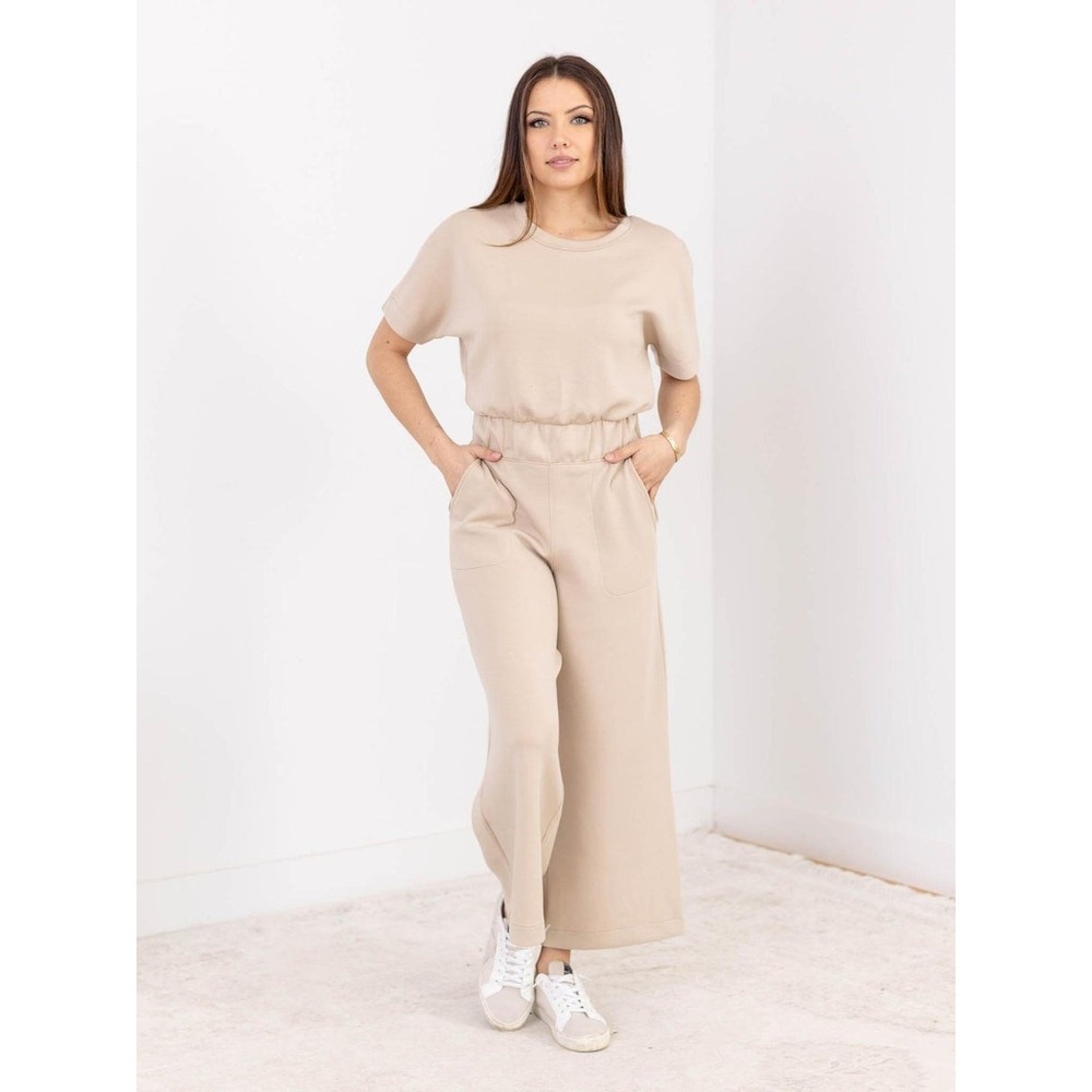 SPANX Air Essentials Crop Wide Leg Jumpsuit Tahini Tan Sz XL NWT Soft Casual
